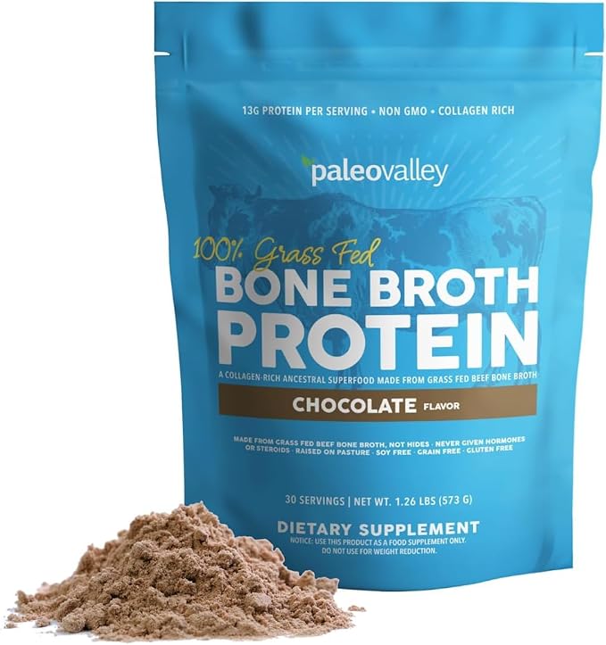 Paleovalley chocolate bone broth protein powder, 100% grass fed, collagen rich, 13g protein
