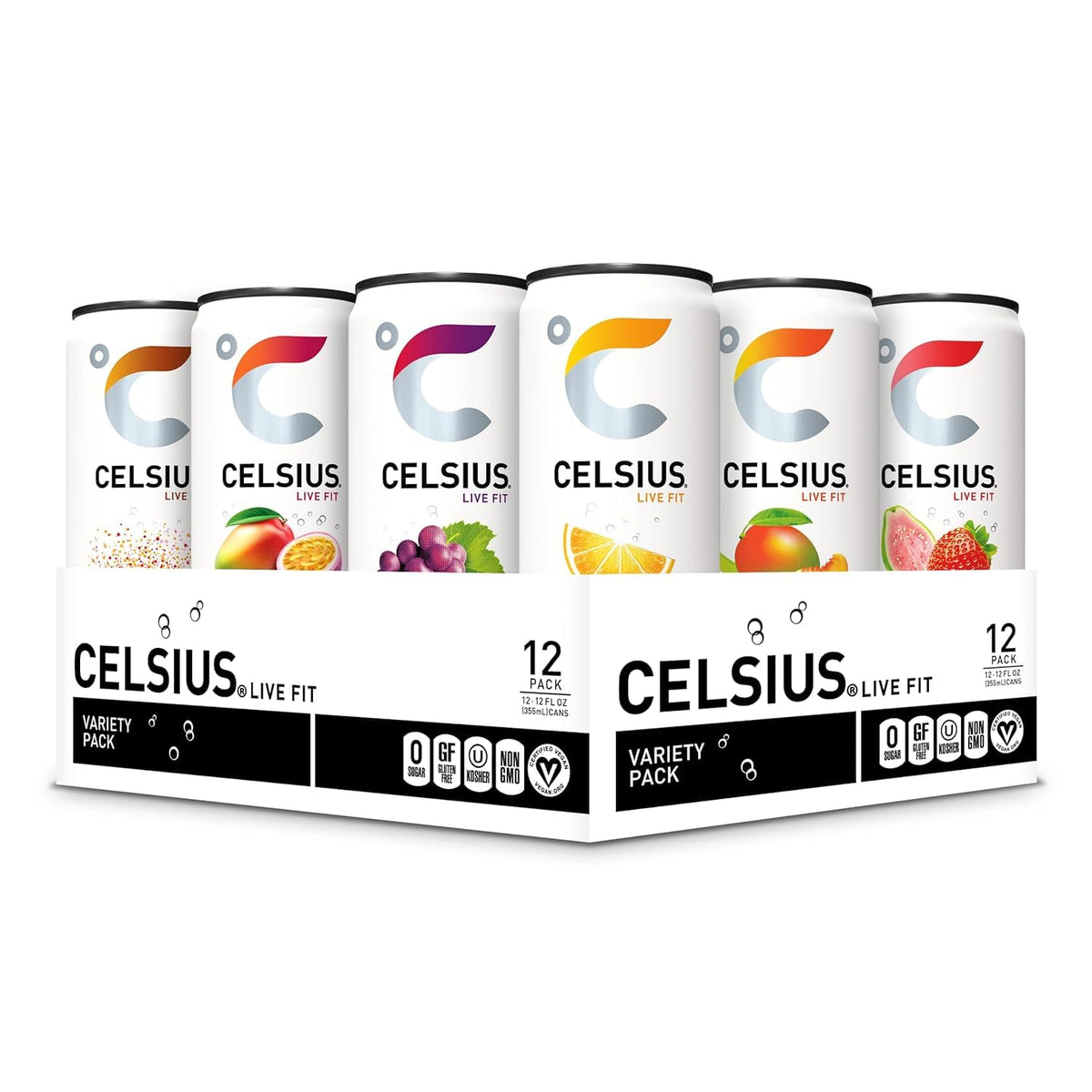 CELSIUS assorted-flavor variety pack carton displaying 12 fl oz energy drink cans
