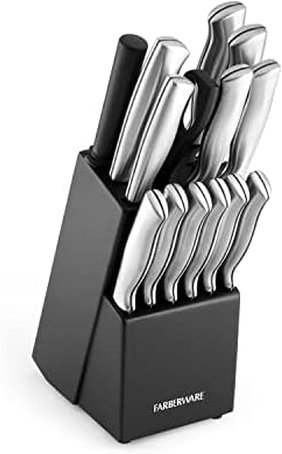 Farberware knife block set with stainless steel knives and black handles, shown in a black block on a white background.