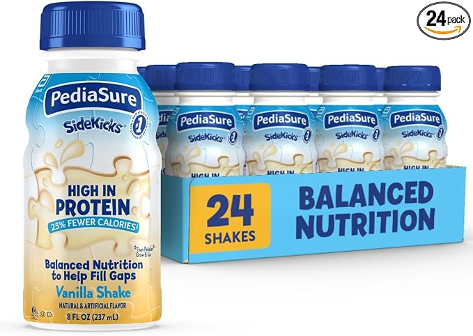 A pack of PediaSure SideKicks 1 balanced nutrition vanilla shake bottles, with one bottle in front and a blue tray holding 23 more bottles, labeled '24 SHAKES' on a white background.