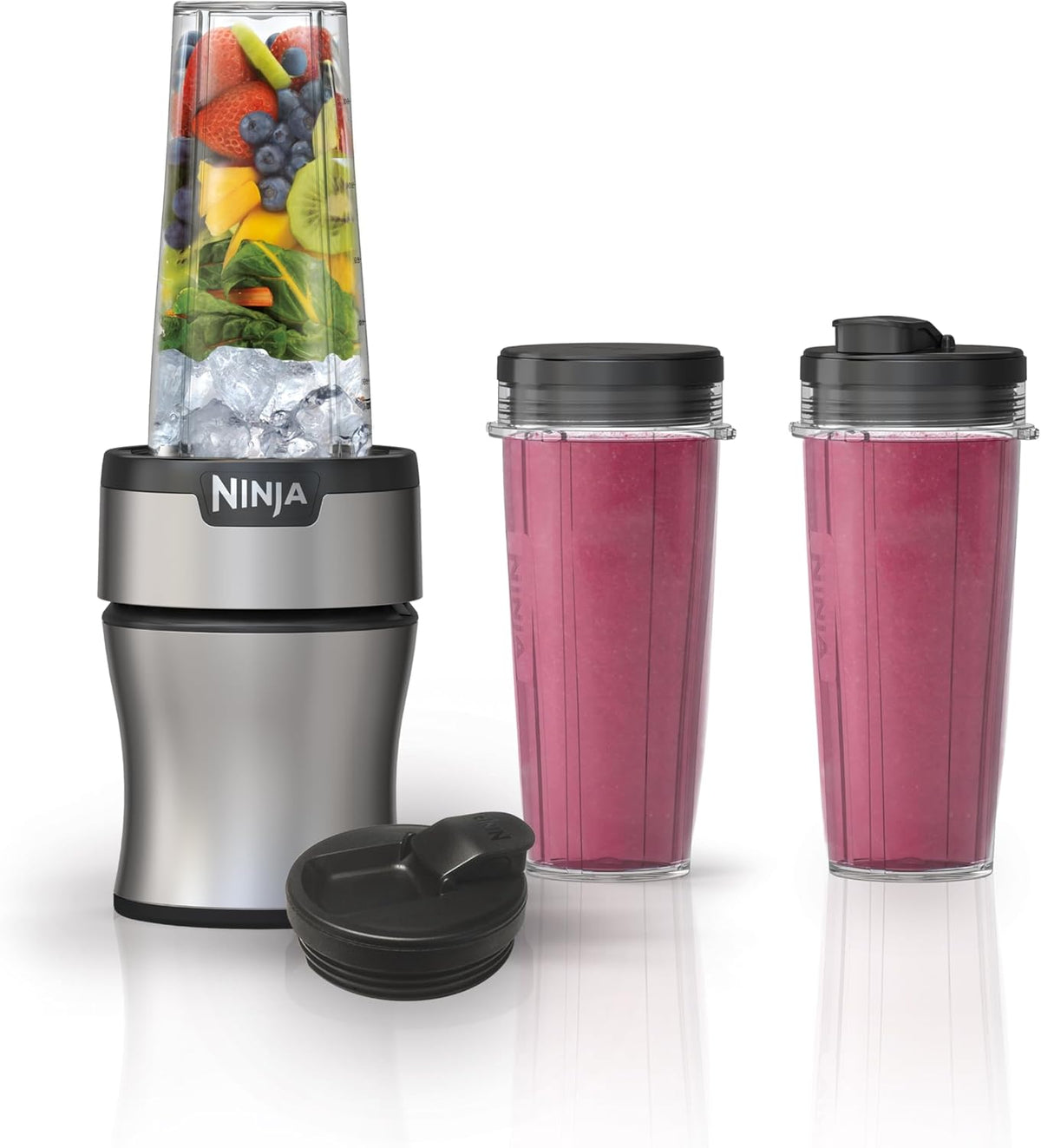 Ninja blender with two smoothie cups on a white background