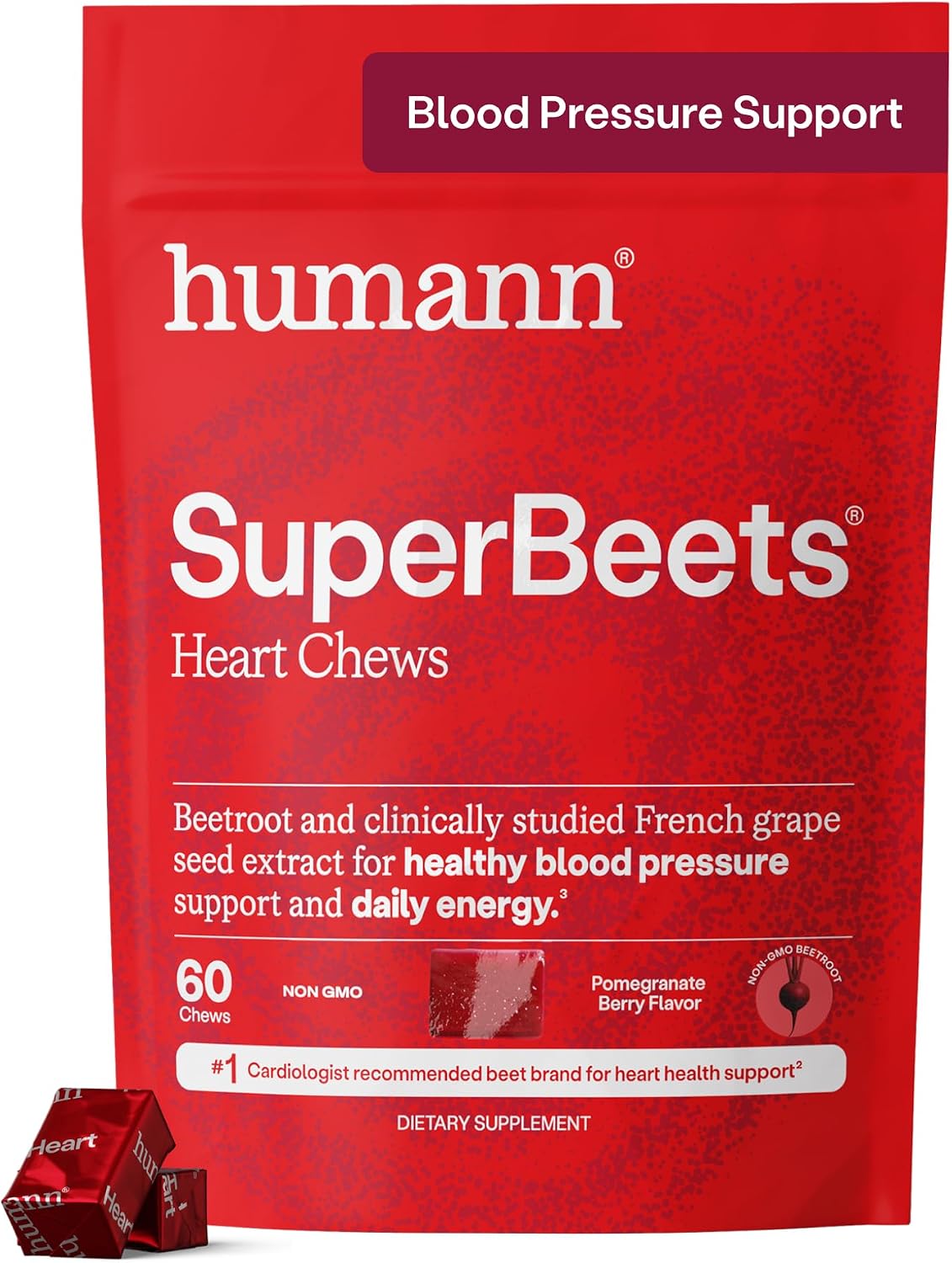 humanN SuperBeets Heart Chews, Pomegranate Berry, 60-count pack