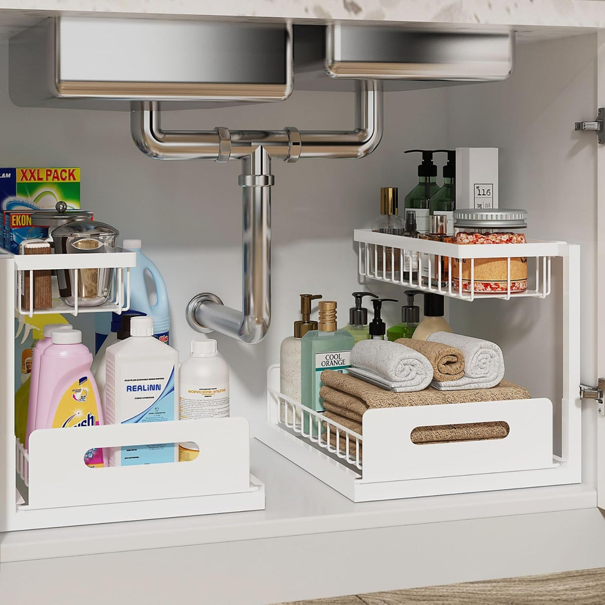 Under-sink organizer with various items including bottles, towels, and a soap dispenser.