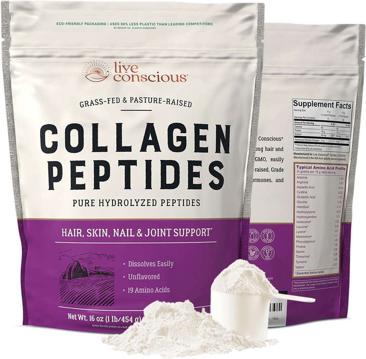 Live Conscious Collagen Peptides Powder, Types I and III, 16 oz pack