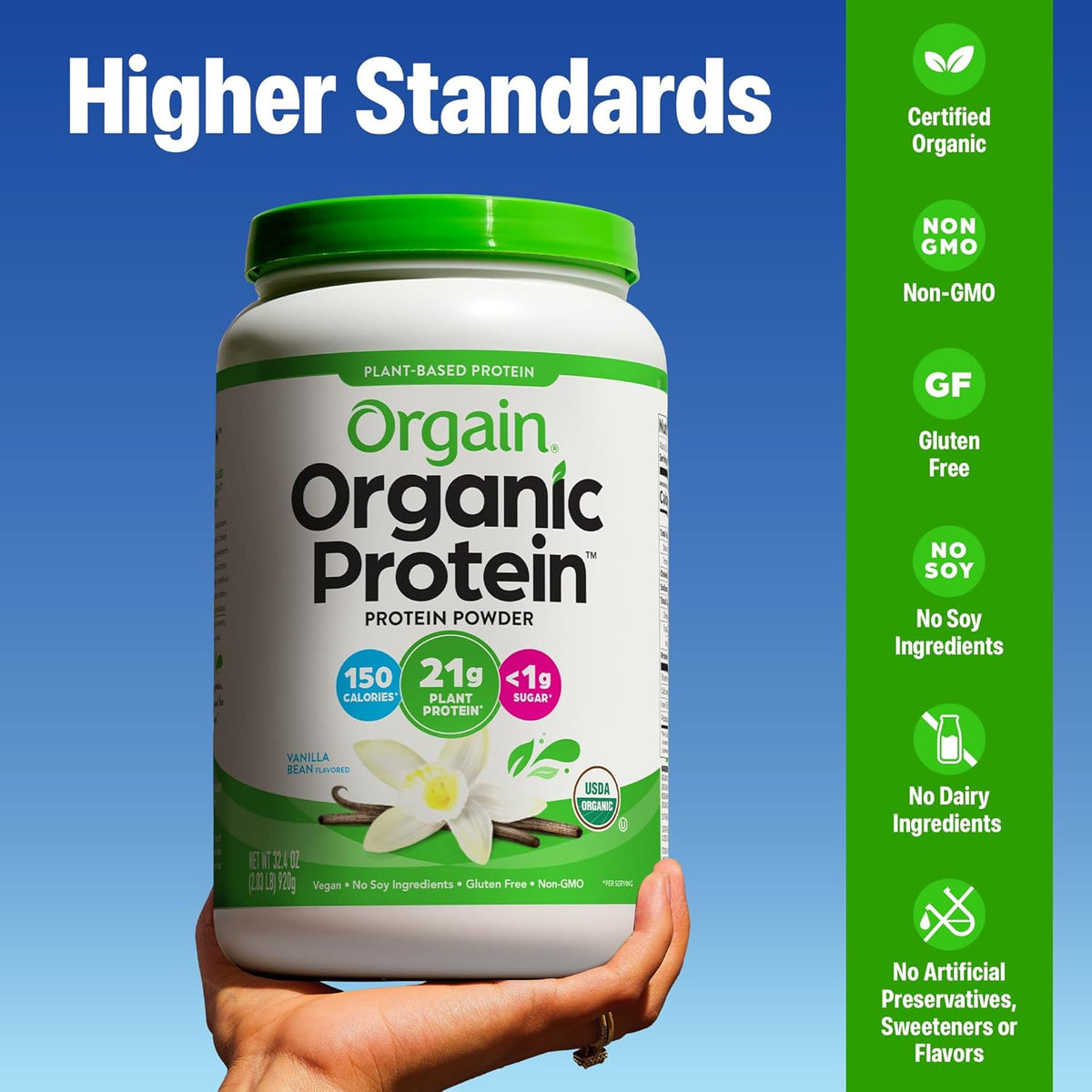 Orgain Organic Protein powder container held by a hand with certification icons on a blue background
