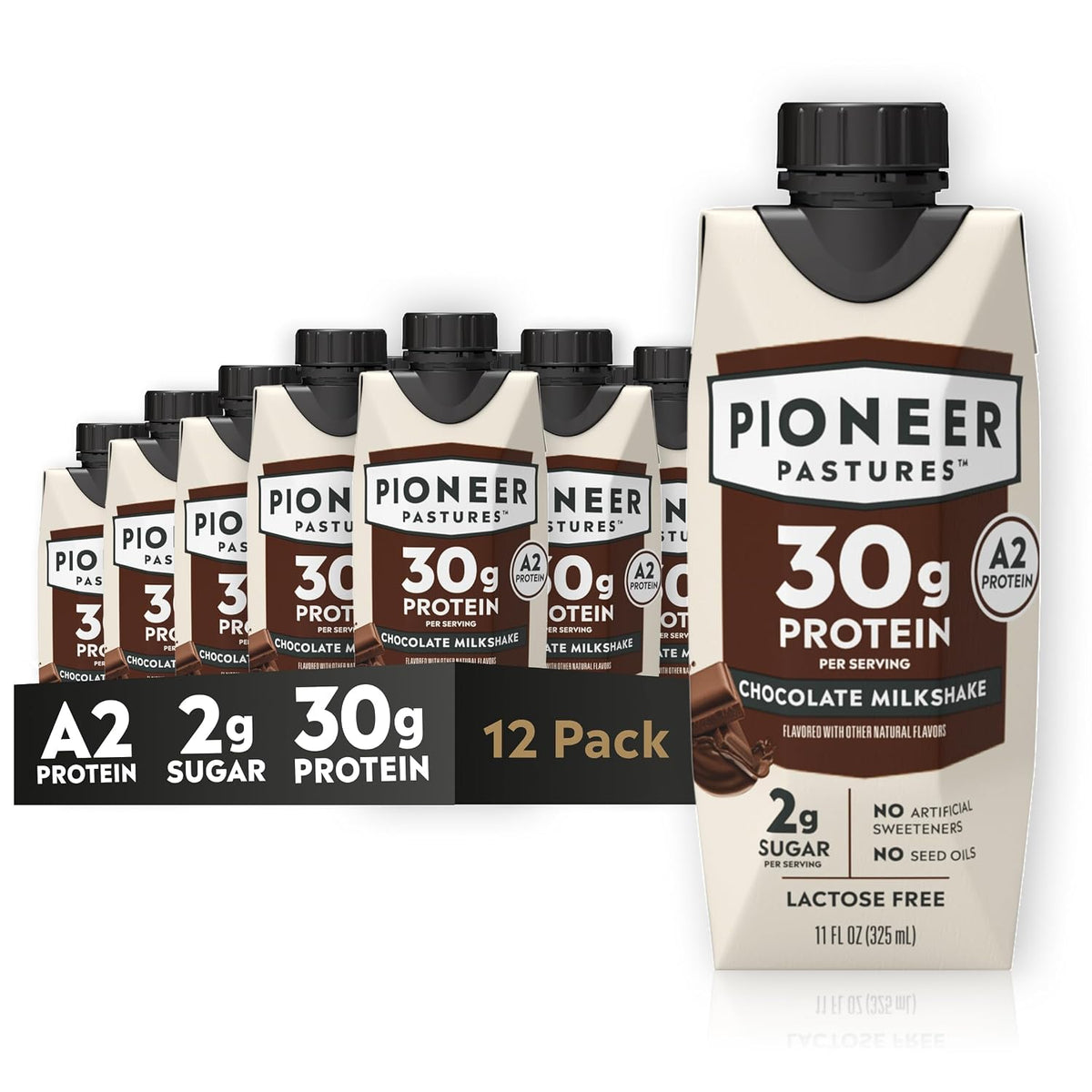 Pioneer Pastures protein milkshake cartons on a white background