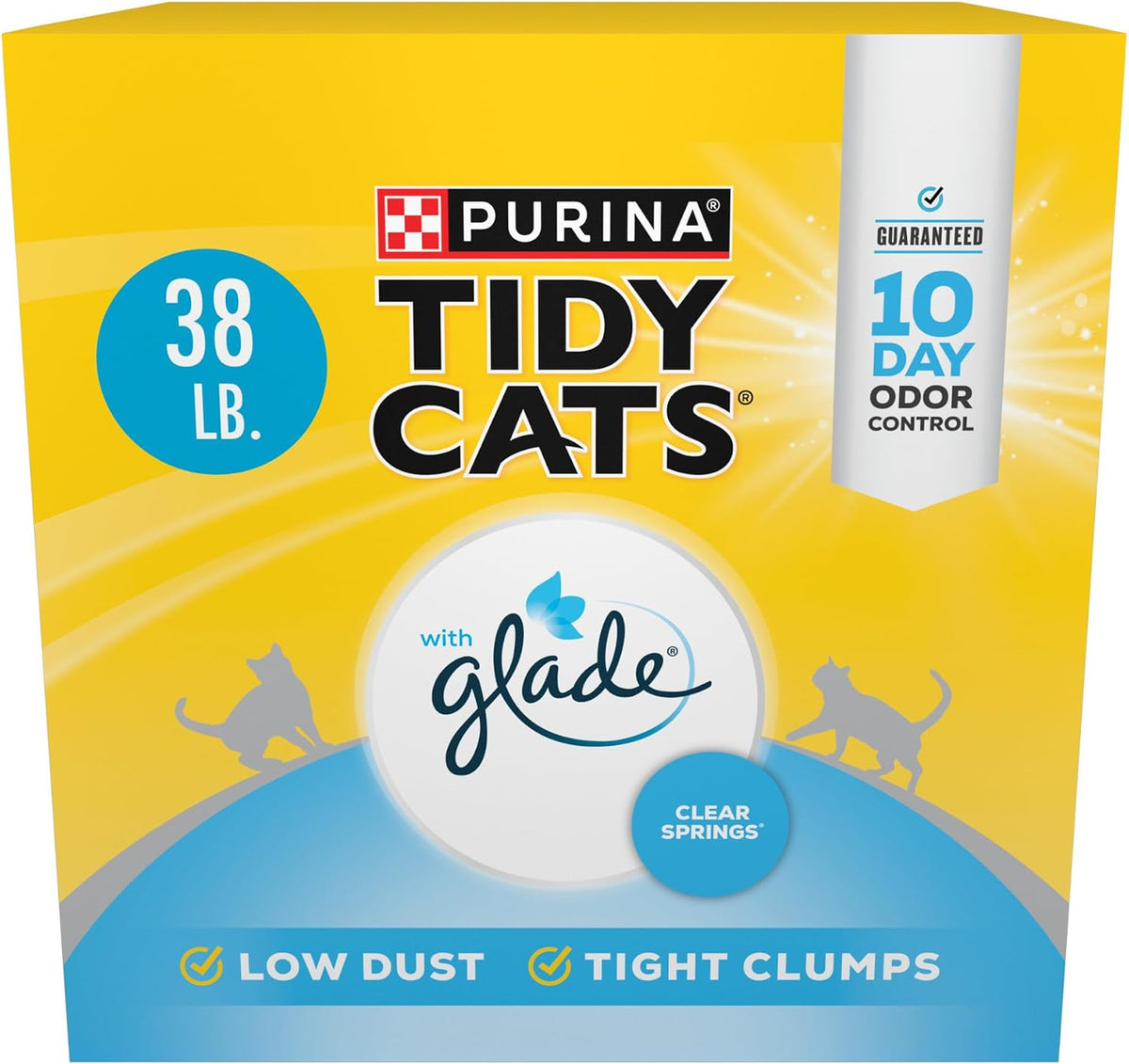Purina Tidy Cats with Glade Clear Springs clumping cat litter, 38 lb yellow and blue box with cat silhouettes