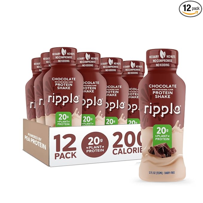 A 12-pack display of Ripple Chocolate Protein Shake bottles with one bottle shown in front on a white background. The bottles are dark brown with white and green labels, and the front bottle shows a chocolate protein shake splash design.