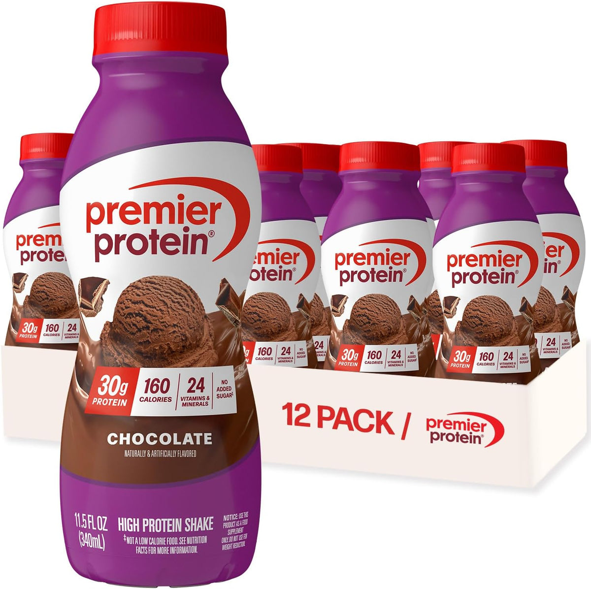 Premier Protein chocolate shake 12 pack, 11.5 oz each, with 30g protein per serving
