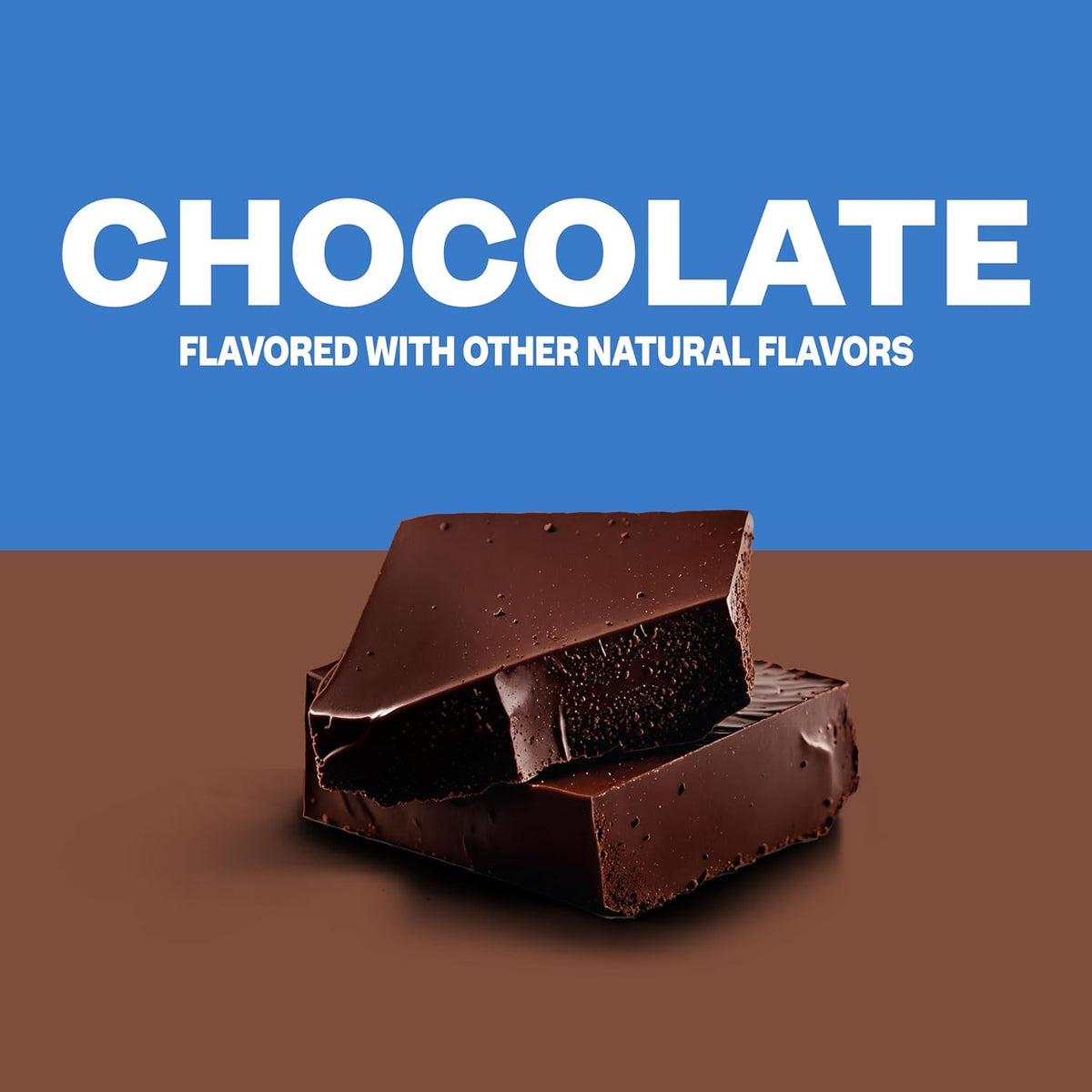 Chocolate pieces with a blue background and text indicating natural flavors.