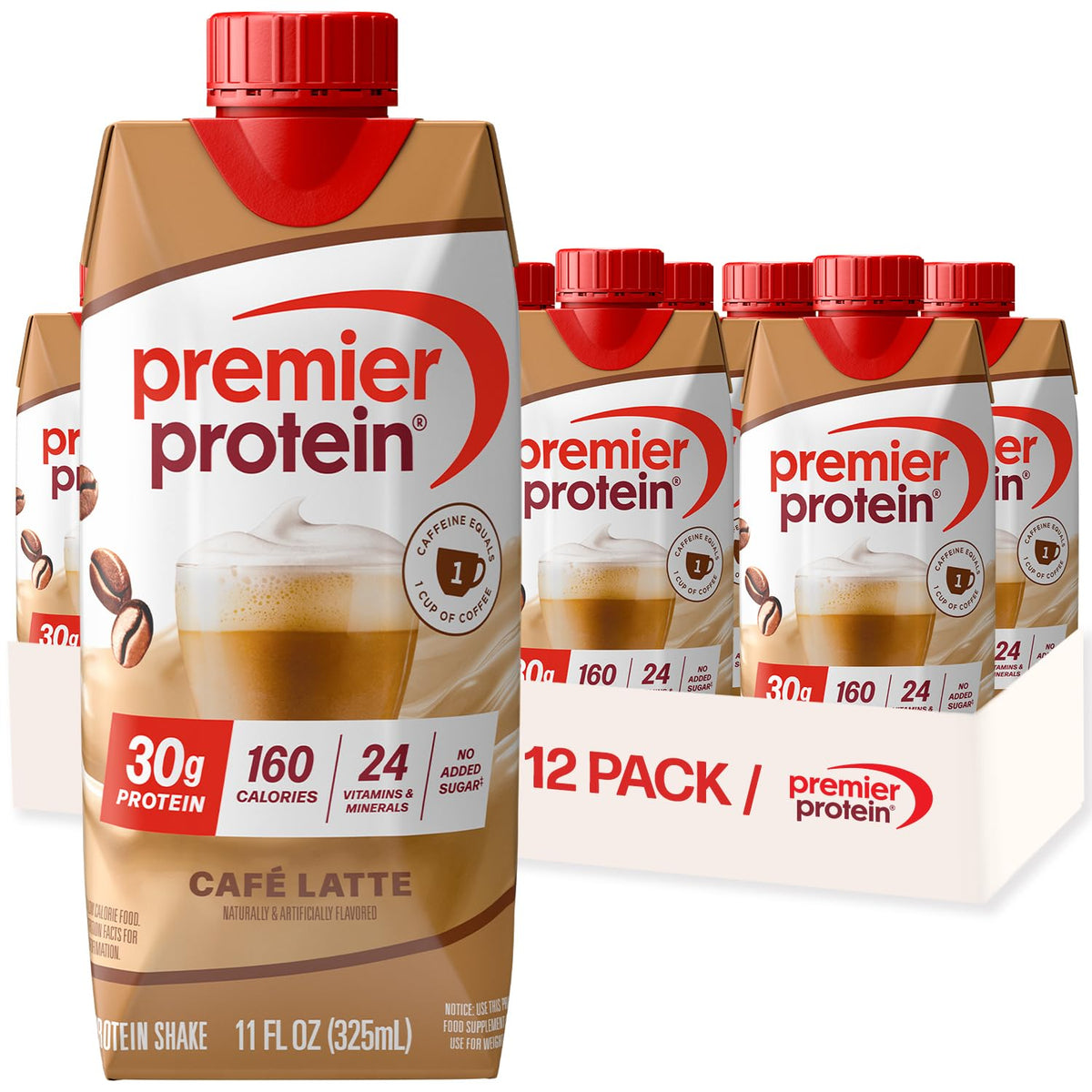 Premier Protein Cafe Latte protein shake packaging with a 12-pack box in the background.