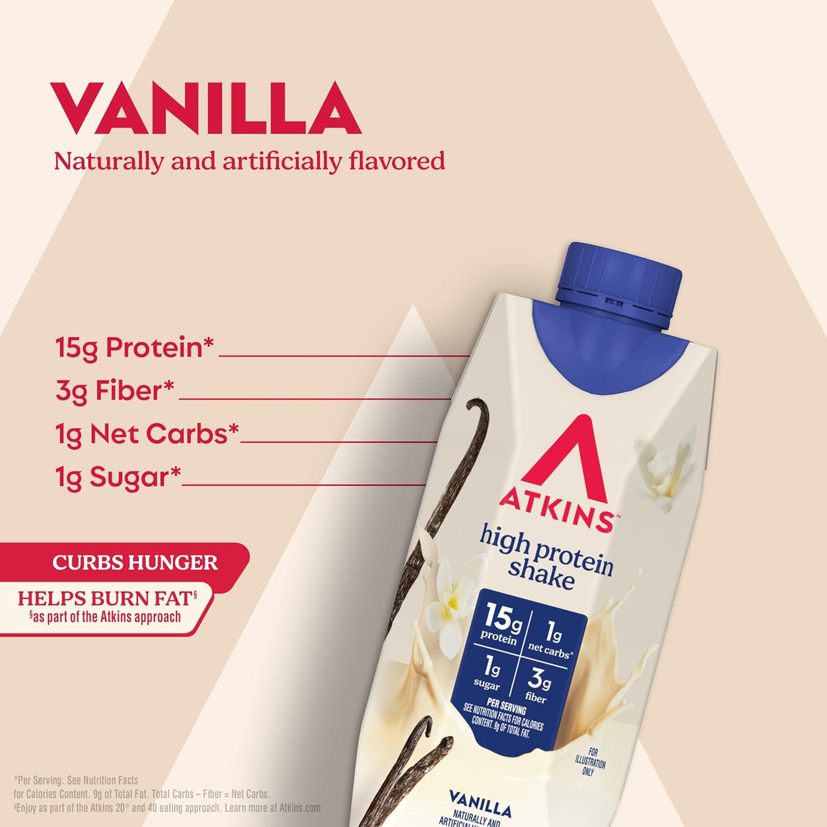 Atkins high protein shake packaging with vanilla flavor details on a beige background