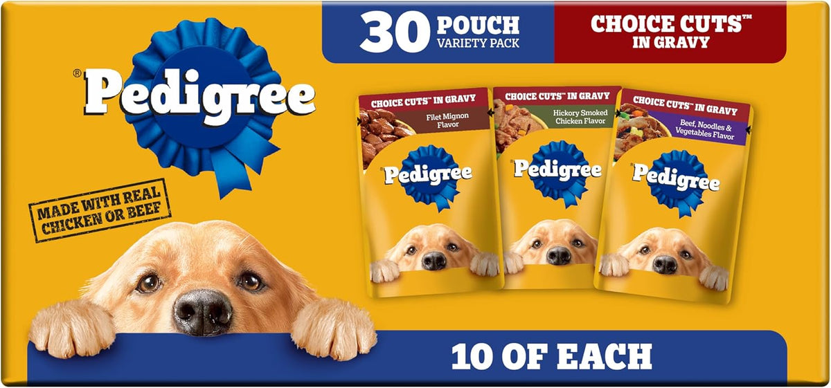 Pedigree Choice Cuts in Gravy wet dog food, 30-pouch variety pack in a yellow box featuring a golden retriever