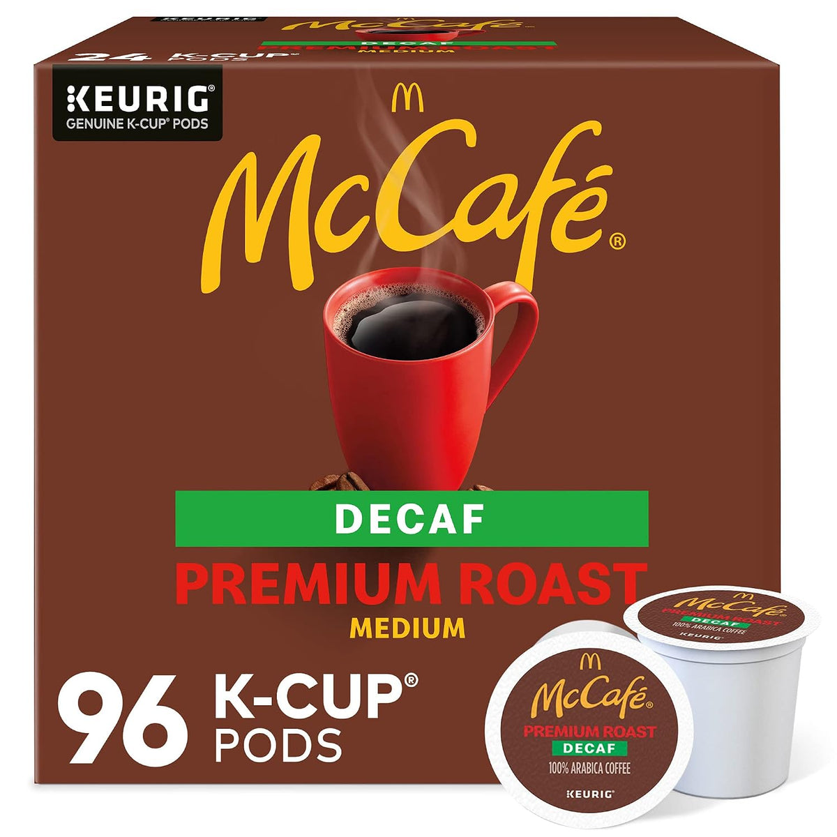 “Front view of McCafe Premium Roast Decaf K-Cup coffee pods, 96-count bundle”