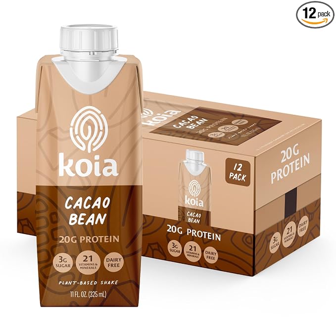 A 12-pack of Koia Cacao Bean protein powder drink pouches, with one pouch in front and a matching 12-pack box behind it on a white background.