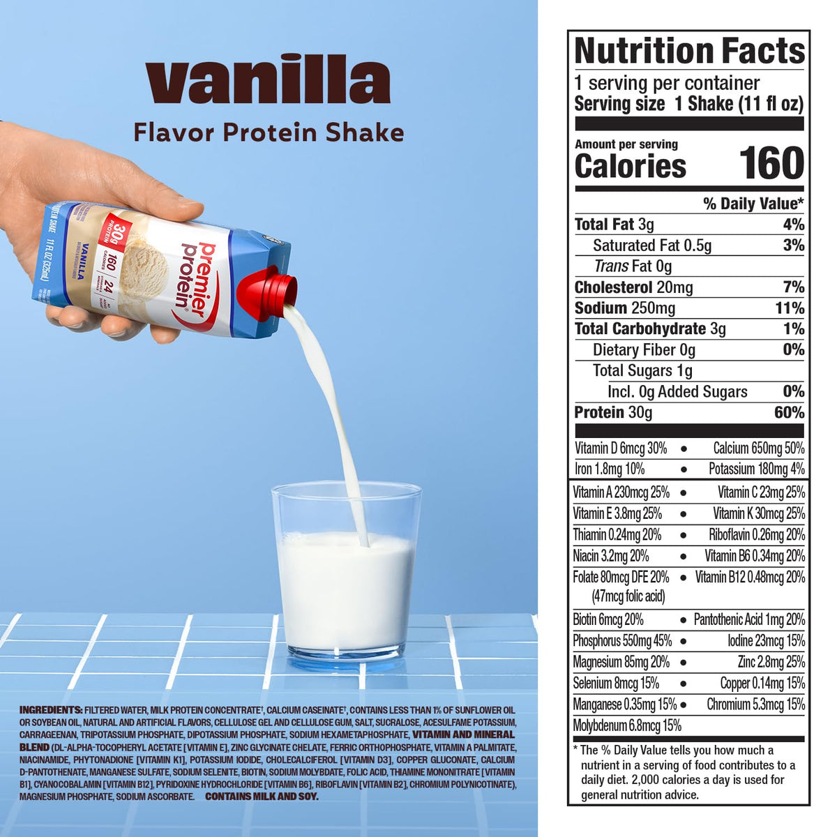 Vanilla flavor protein shake being poured into a glass with nutrition facts label on a blue background