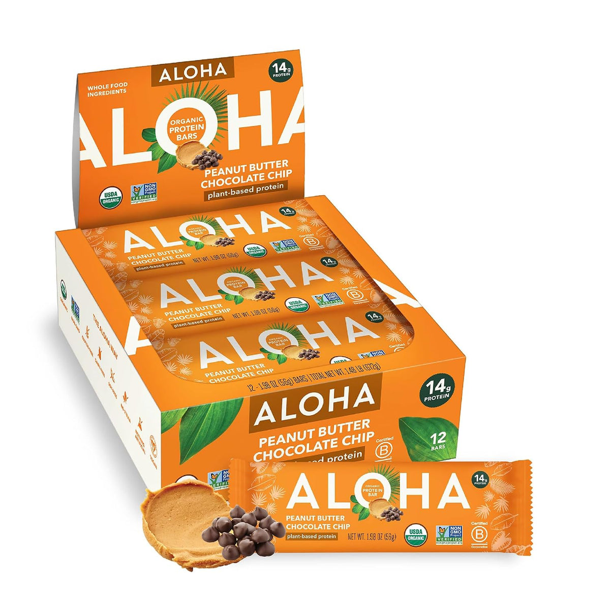 ALOHA Peanut Butter Chocolate Chip organic plant-based protein bars, 12 count