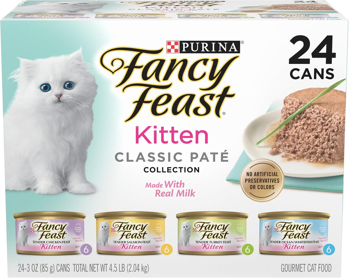 Purina Fancy Feast Kitten Classic Pâté variety pack, 24 × 3 oz cans in a white and mint box featuring a white kitten