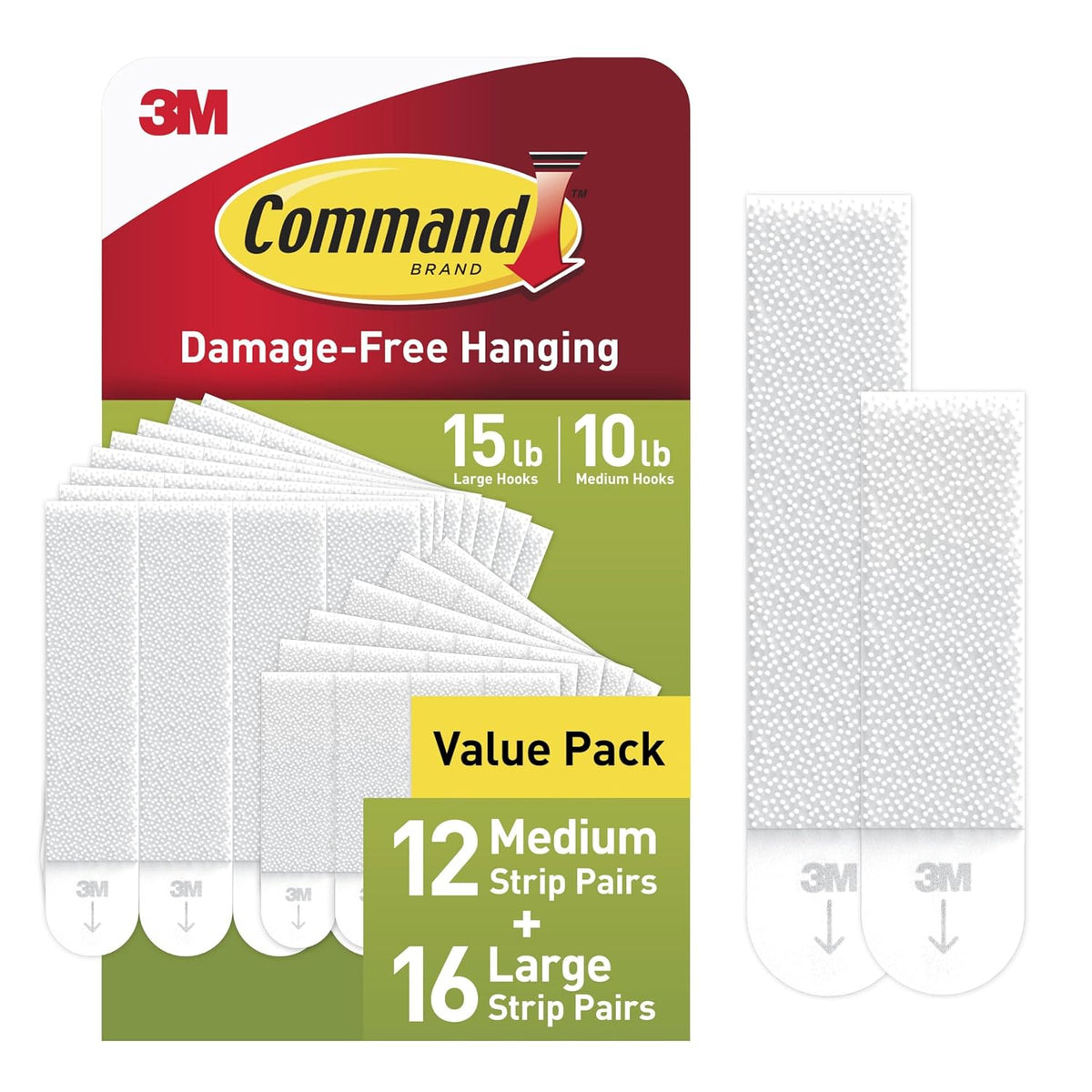 Command white picture hanging strips value pack showing 12 medium pairs, 16 large pairs and two strip sizes