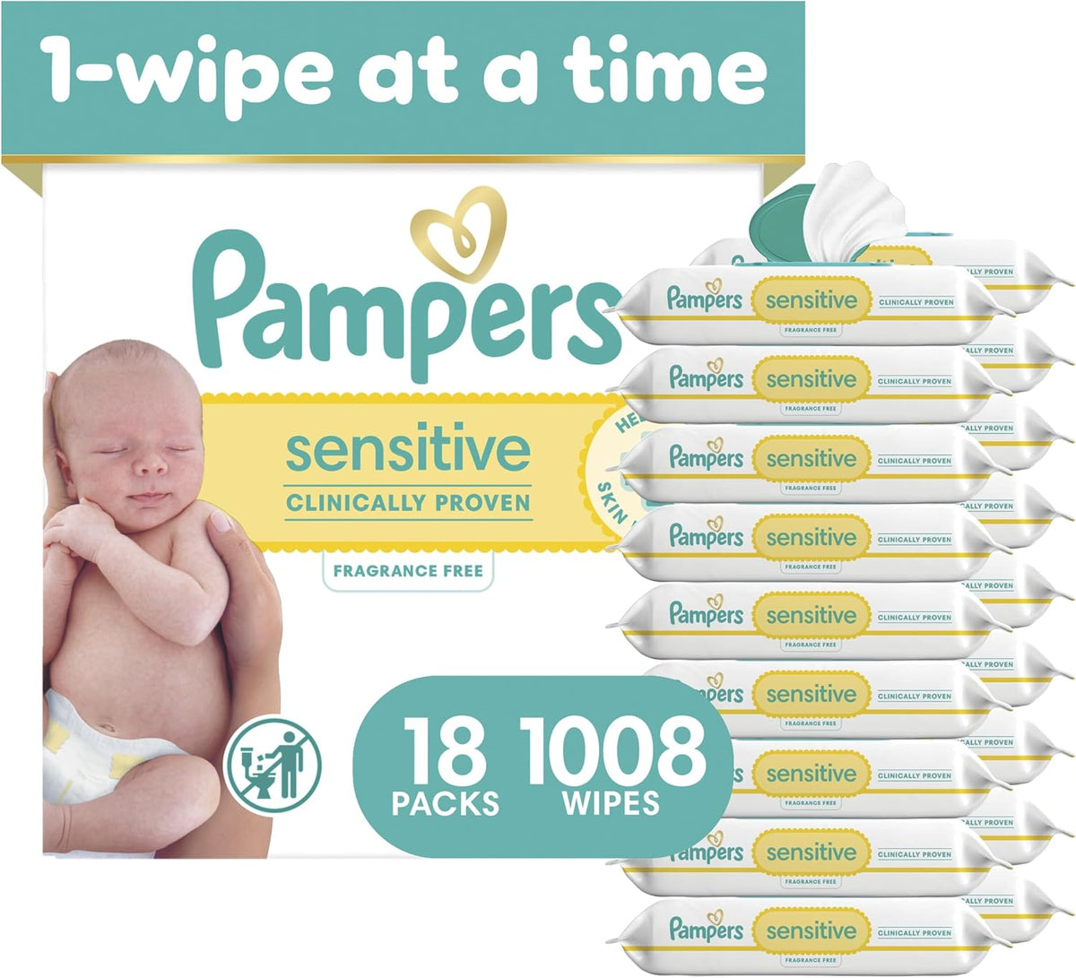 Pampers Sensitive fragrance-free wipes box showing 18 packs, 1008 wipes and stacked white flip-top packs