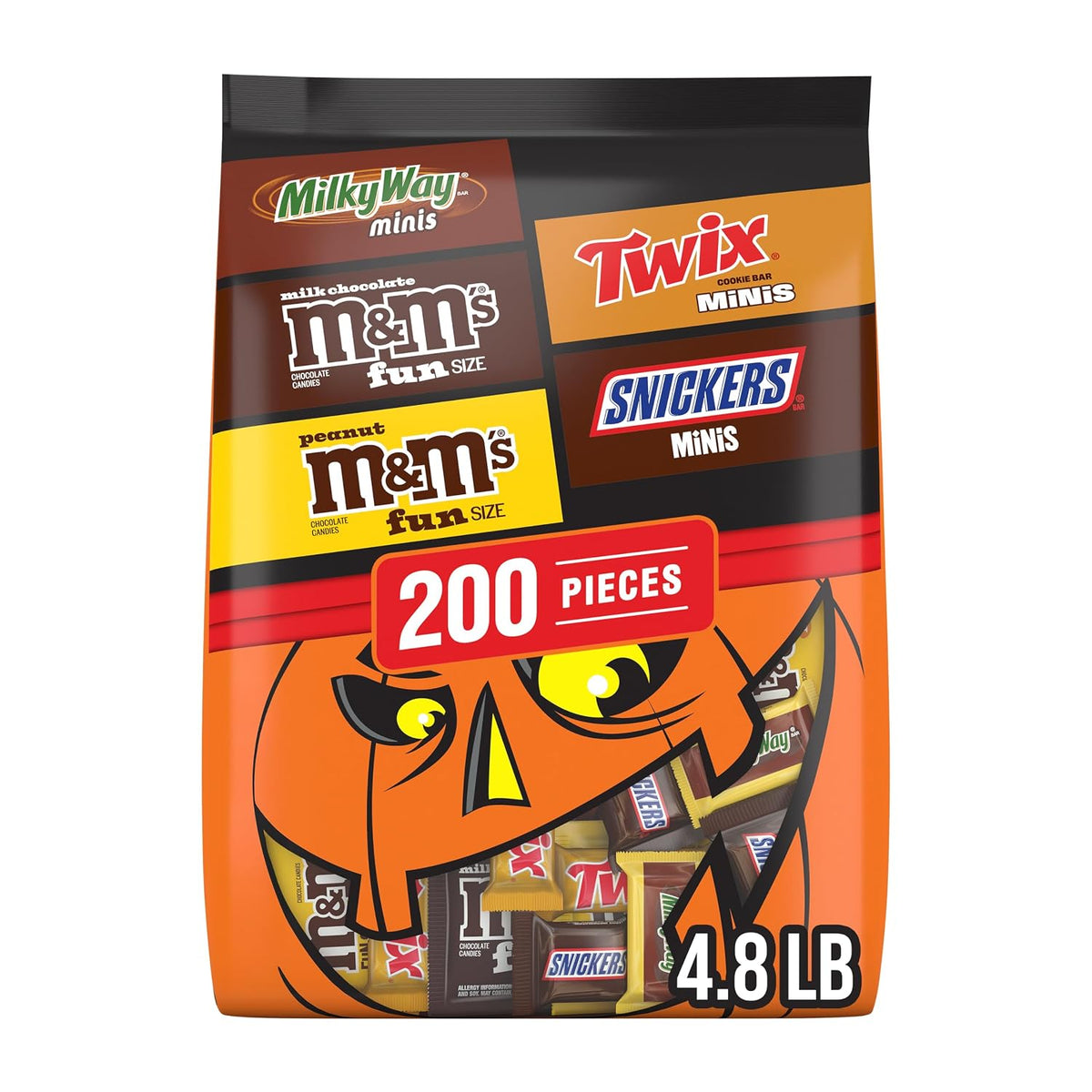 M&M’S, SNICKERS, TWIX and MILKY WAY Halloween milk chocolate candy variety pack, 200 count