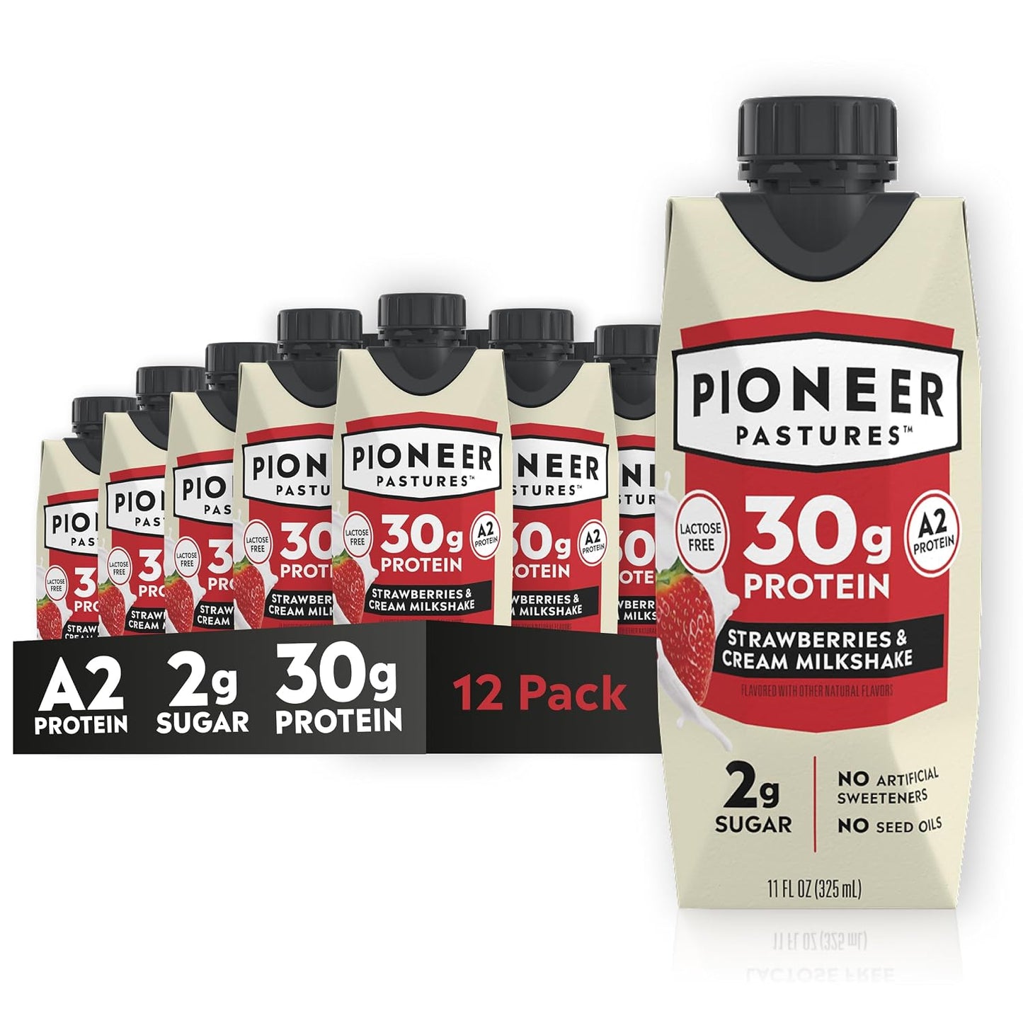 A 12-pack of Pioneer Pastures 30g protein milkshakes in Strawberry & Cream flavor, shown as individual carton packs and a multi-pack display on a clean white background.