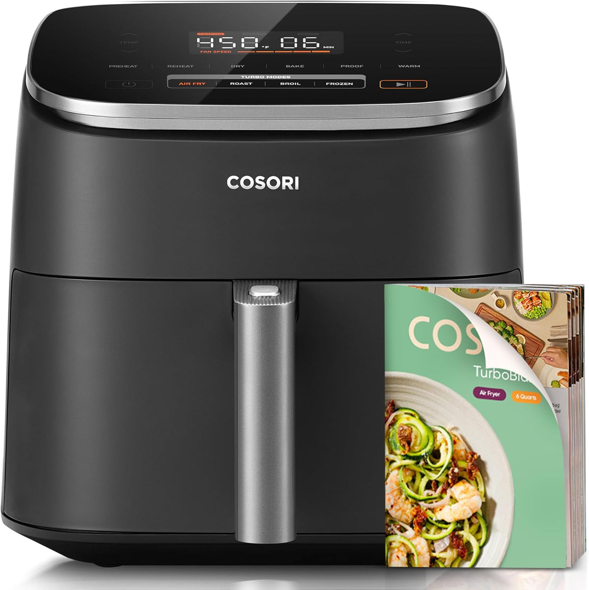 Cosori air fryer with a recipe book on a white background
