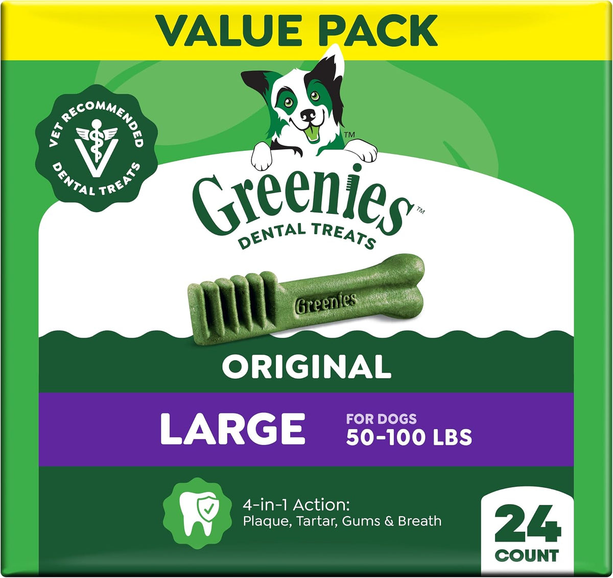 Greenies Original Large dental dog treats, 24-count green value pack for dogs 50–100 lb, with toothbrush-shaped chew