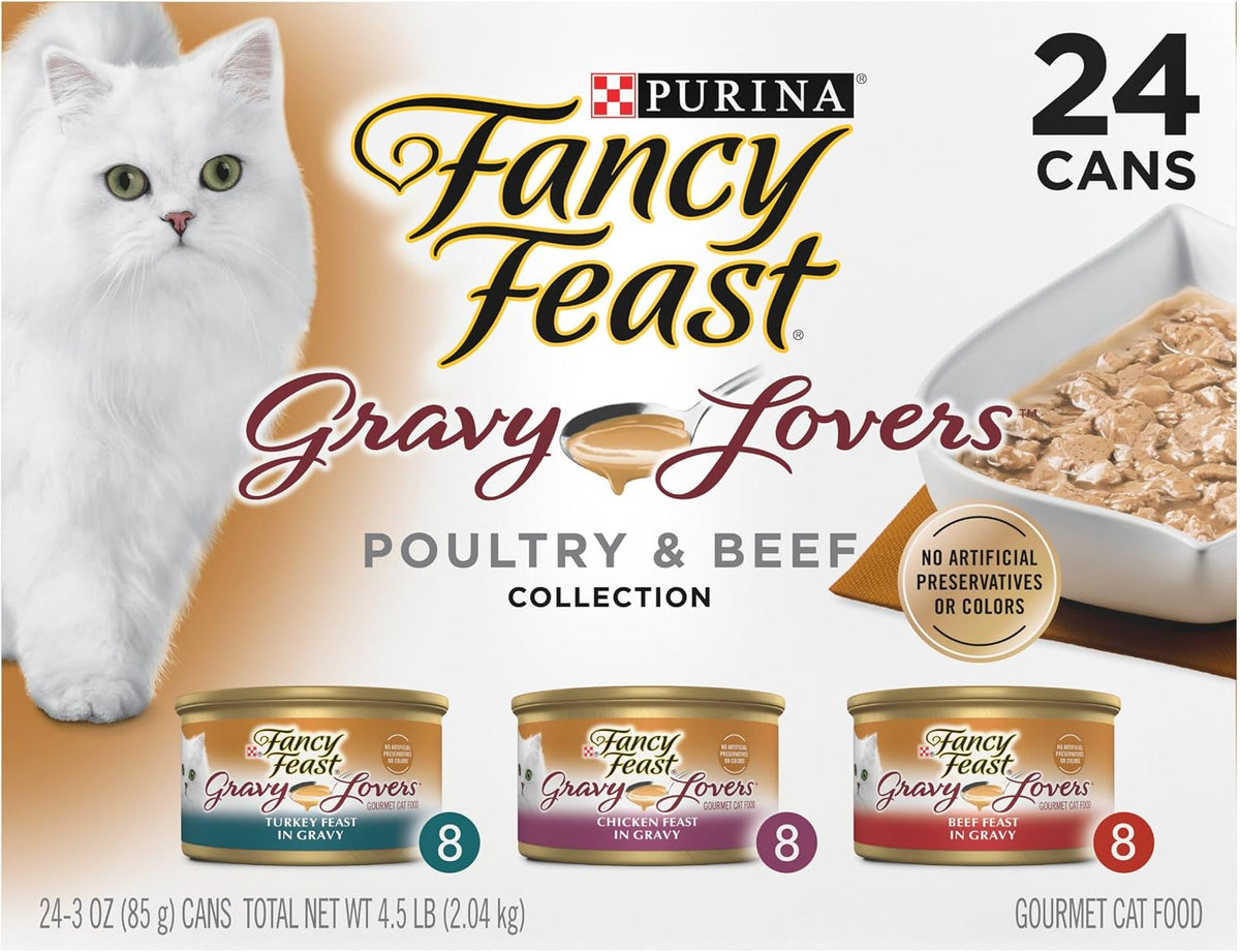 Purina Fancy Feast Gravy Lovers poultry and beef wet cat food variety pack, 24 cans, 3 oz each