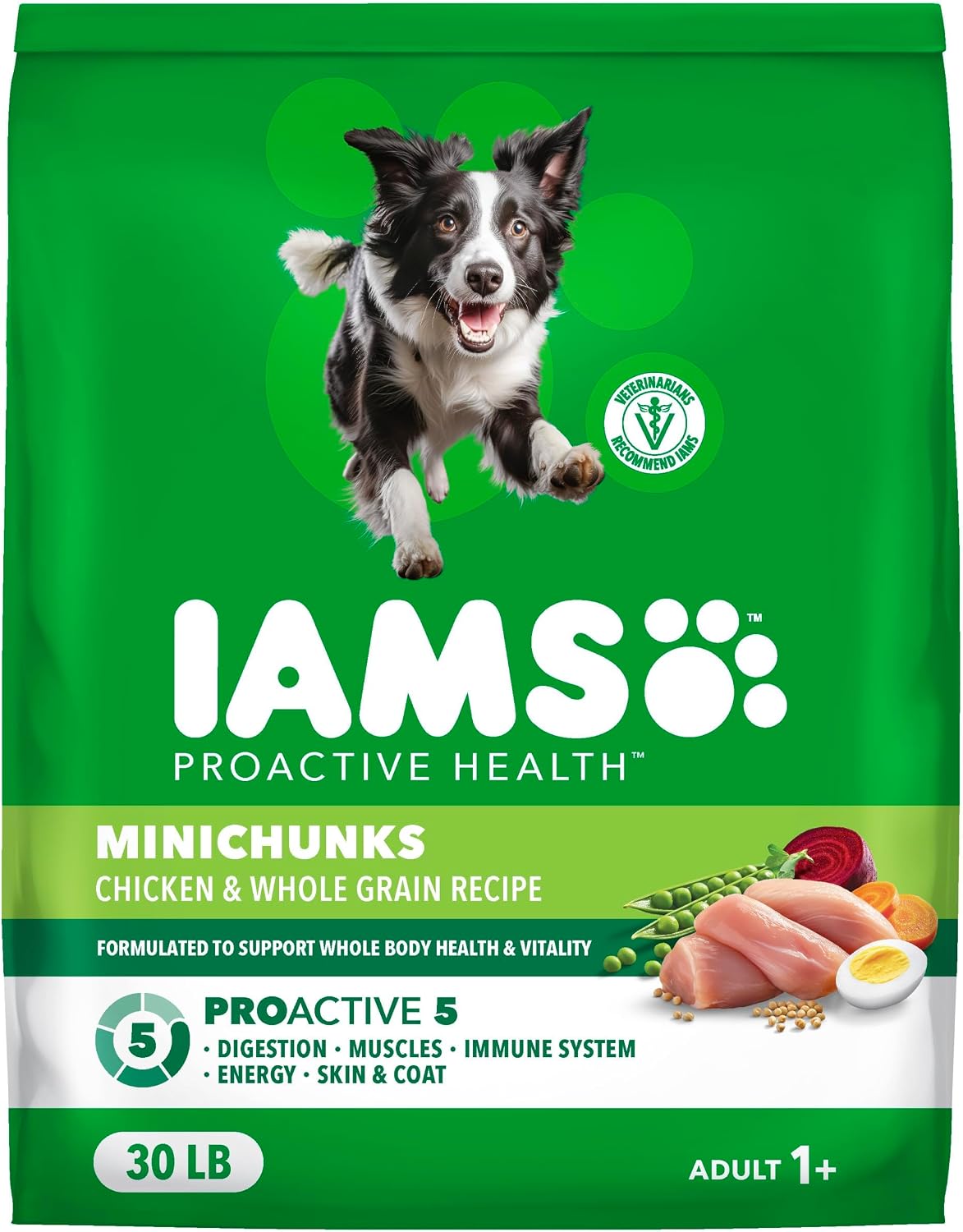 IAMS Proactive Health Minichunks chicken and whole grain adult dry dog food, 30 lb green bag featuring a border collie