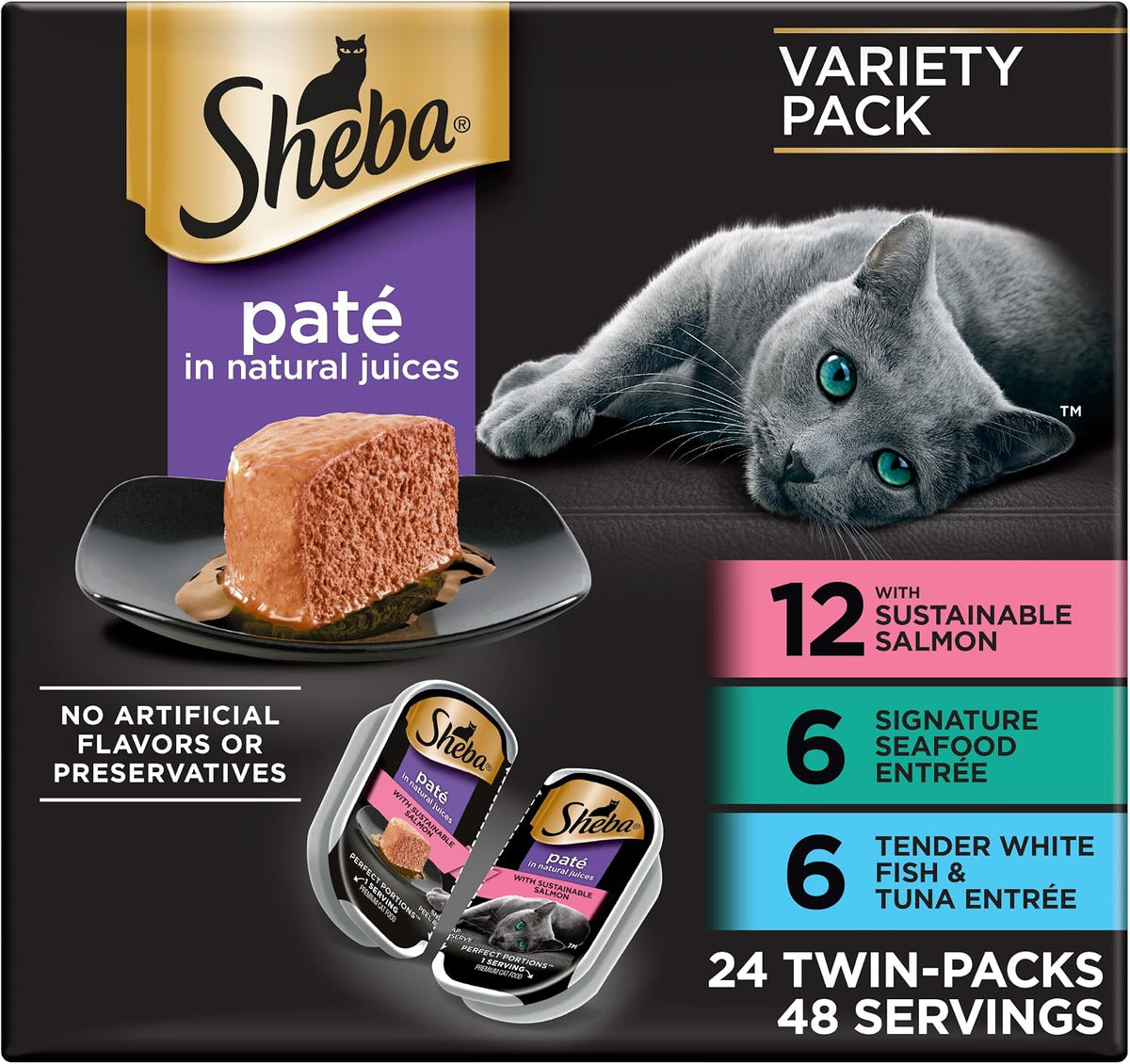 Sheba Perfect Portions seafood pâté variety pack, 24 twin packs in a black and gold box featuring a gray cat