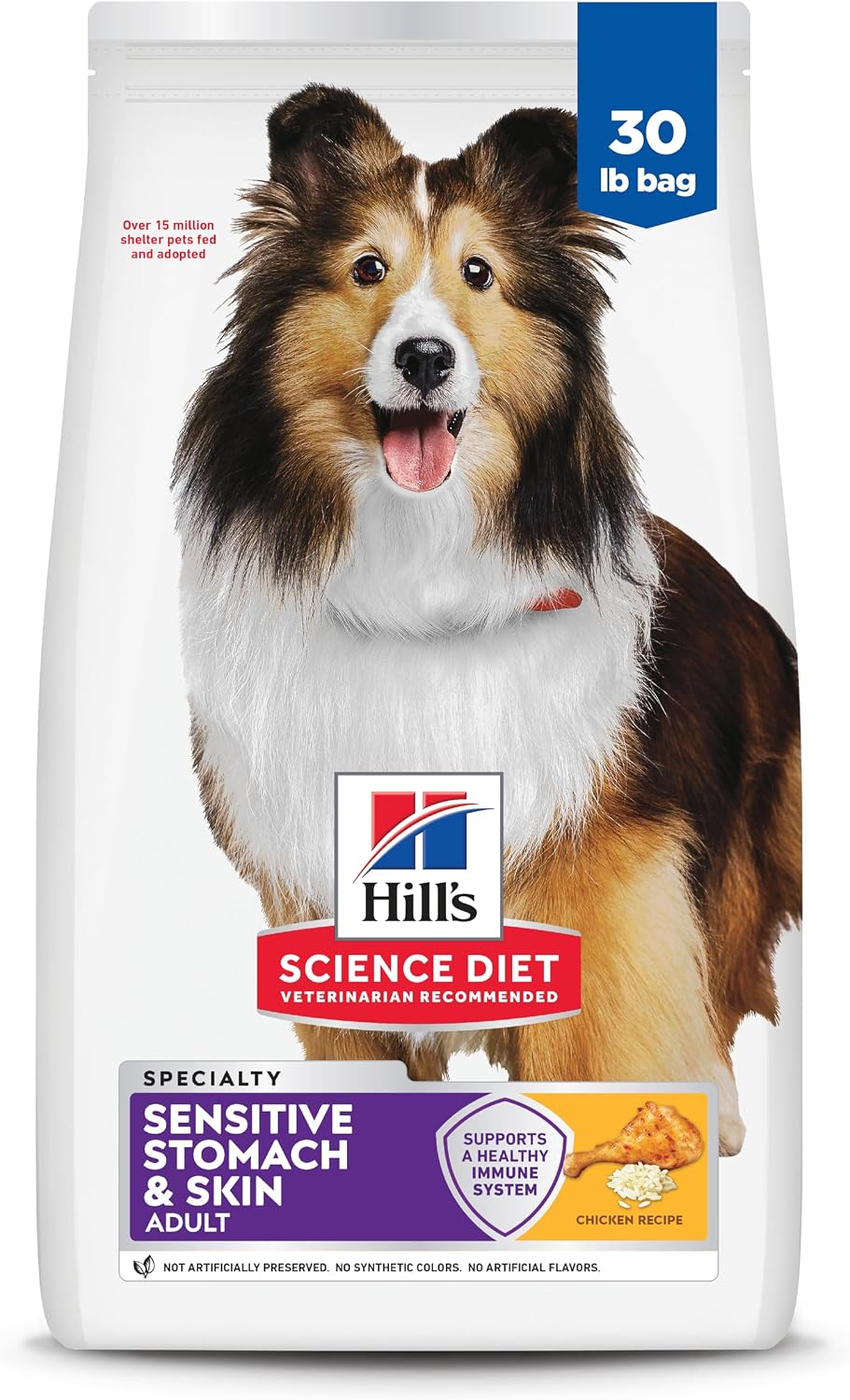 Hill's Science Diet Sensitive Stomach & Skin adult chicken dry dog food, 30 lb white bag featuring a Shetland sheepdog