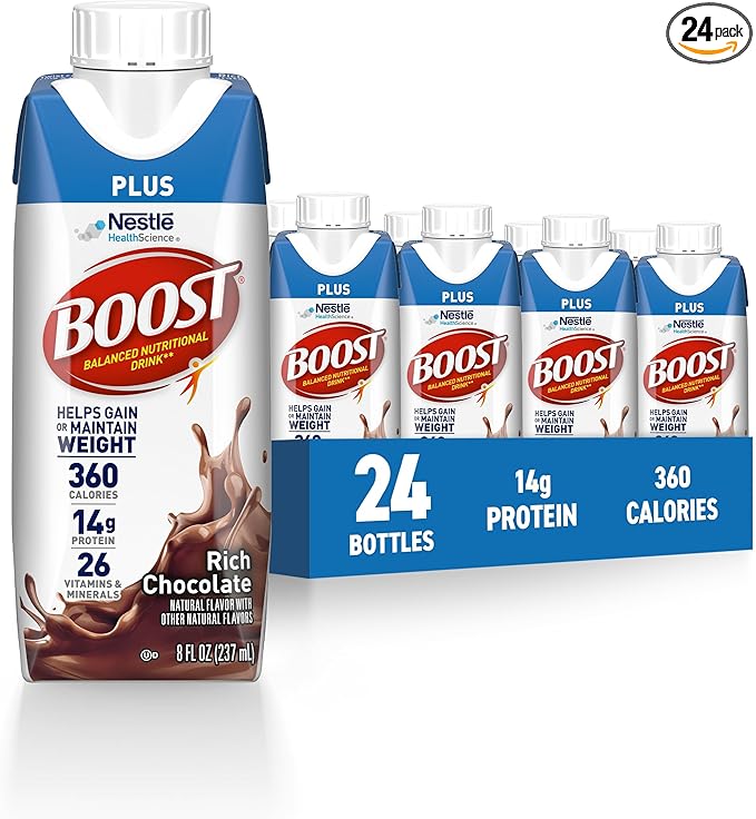 Box of Nestle Boost Rich Chocolate nutritional drinks with packaging details.
