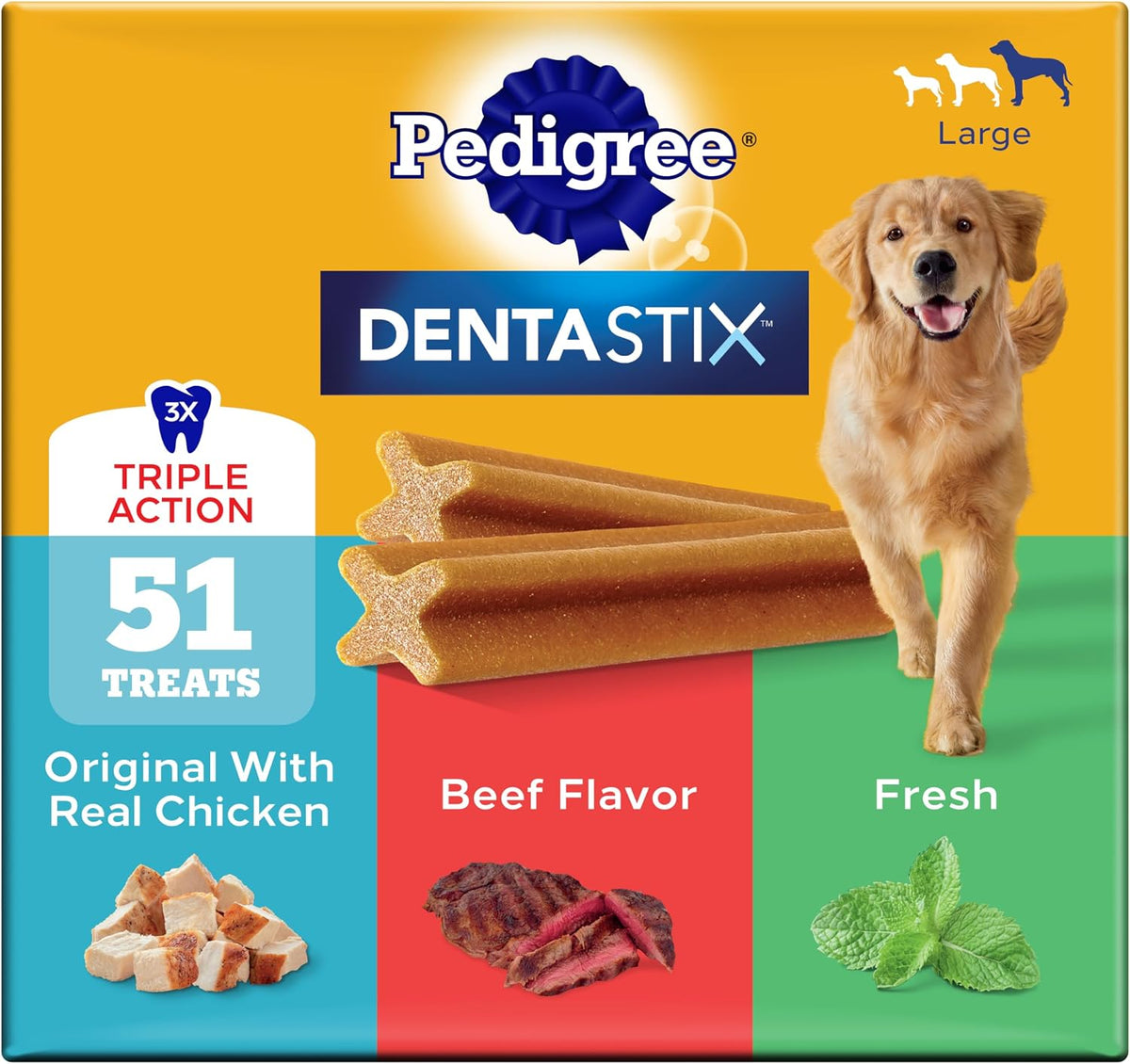 Pedigree Dentastix Large dental dog treats, 51-count variety box with Original Chicken, Beef and Fresh flavors