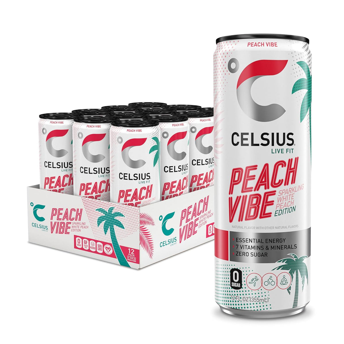 CELSIUS Peach Vibe sparkling white peach sugar-free energy drink 12 pack, 12 fl oz each