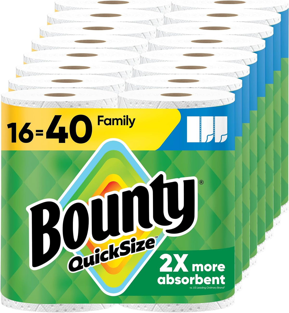 A pack of 16 rolls of Bounty QuickSize paper towels, arranged in a staggered row. The packaging is predominantly green with a yellow banner at the top left and blue accents, featuring the prominent Bounty logo.
