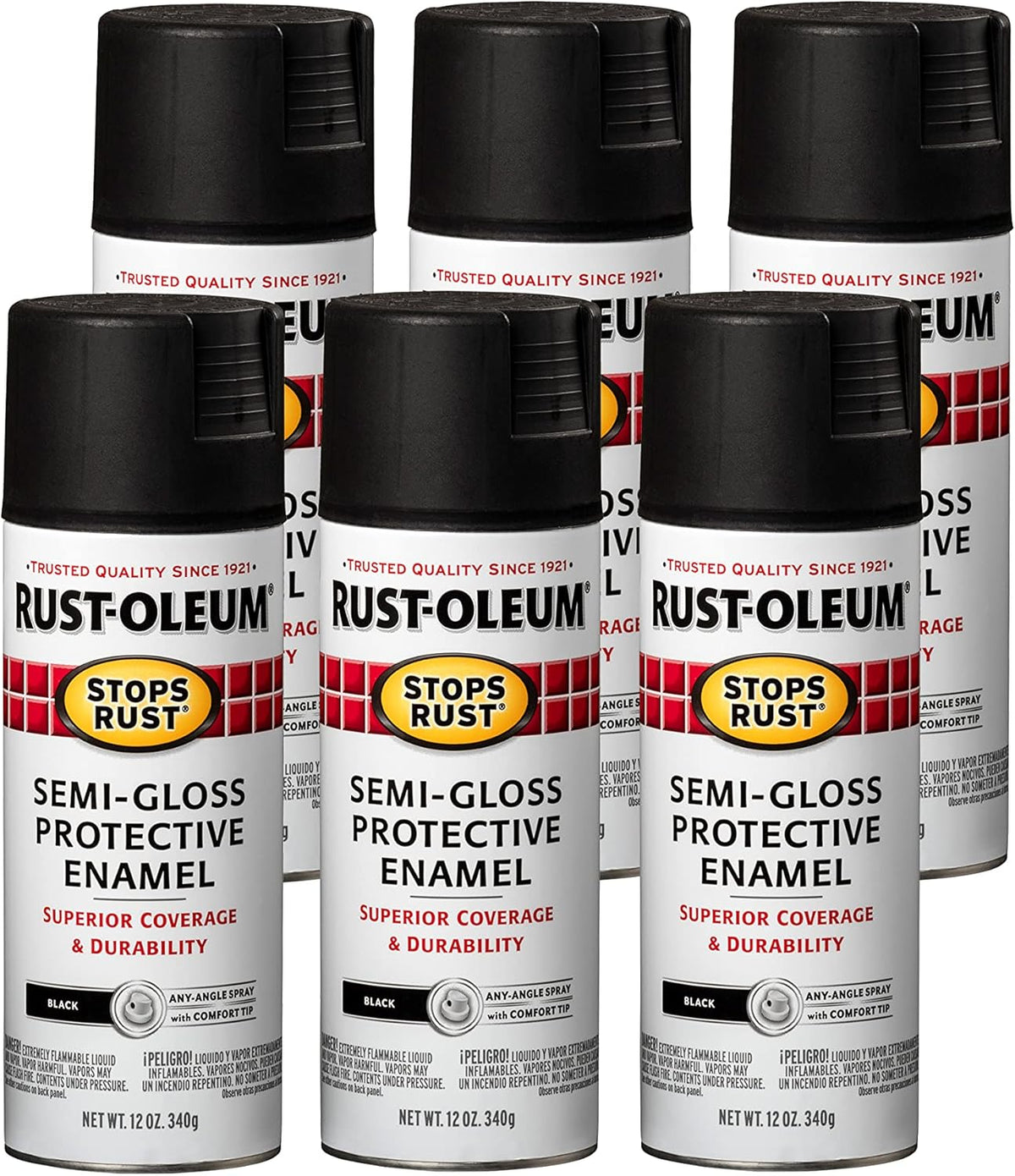 Six Rust-Oleum Stops Rust semi-gloss black spray paint cans with black caps and 12 oz protective enamel labels