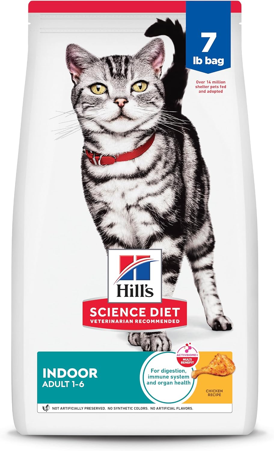 Hill's Science Diet Indoor Adult 1–6 Chicken Recipe dry cat food, 7 lb white bag featuring a silver tabby cat