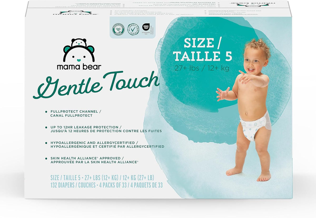Mama Bear Gentle Touch Size 5 diapers for children 27+ lbs, 132 count in four packs of 33