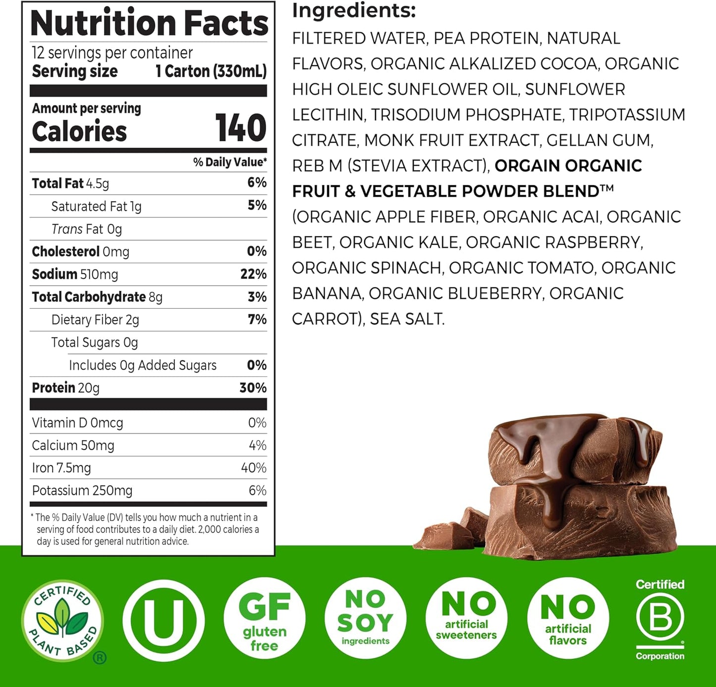Orgain Organic Vegan Protein Shake – Chocolate, 11 oz, 12-Pack | 20g Plant Protein