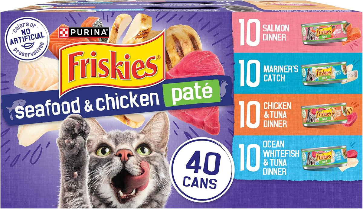 Purina Friskies Seafood & Chicken pâté wet cat food, 40-can purple variety box featuring a tabby cat and four recipes