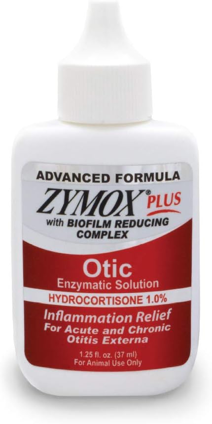 Zymox Plus Advanced Formula Otic enzymatic ear solution with 1% hydrocortisone, 1.25 fl oz white bottle with red label