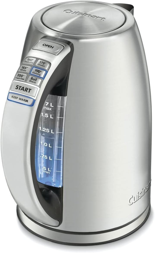 Cuisinart CPK-17P1 silver electric kettle with handle-mounted temperature buttons and a blue-lit water-level window.