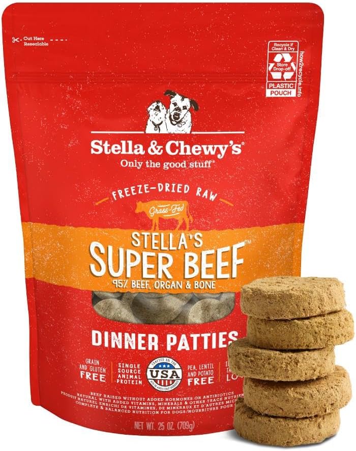 Stella & Chewy’s Super Beef freeze-dried raw dinner patties, red 25 oz bag beside a stack of patties