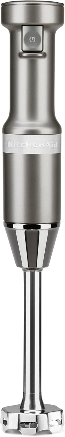 Stainless steel immersion blender with brand name on a white background