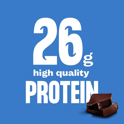 Chocolate pieces with text indicating 26g of high-quality protein on a blue background