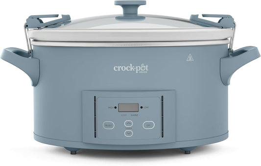 Crock-Pot Design Series 7-quart slow cooker in Morning Haze Blue with a glass lid, side handles and digital controls.
