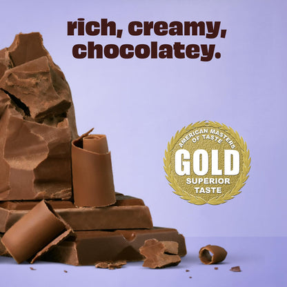 Chocolate bars with a gold seal of approval on a purple background