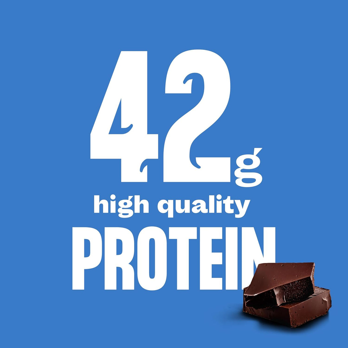 Chocolate with text indicating 42 grams of high-quality protein on a blue background