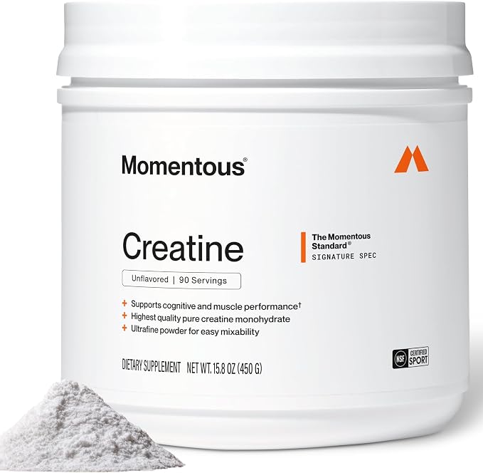 Front: Momentous creatine monohydrate powder, unflavored, 90-serving container